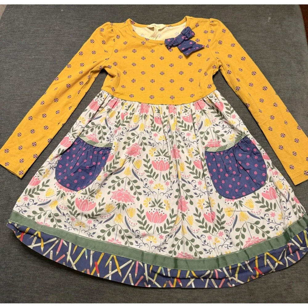 Matilda Jane Girls Mixed Print Long Sleeve Dress Yellow Floral Pencil Hem Size 6